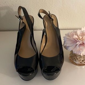 Bebe 6” patent leather wedges
